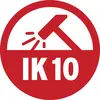 Rotes Symbol mit Hammer und Funken, darunter 'IK 10', weist auf hohen Stoßschutz oder Widerstandsfähigkeit gegen Aufprall hin.