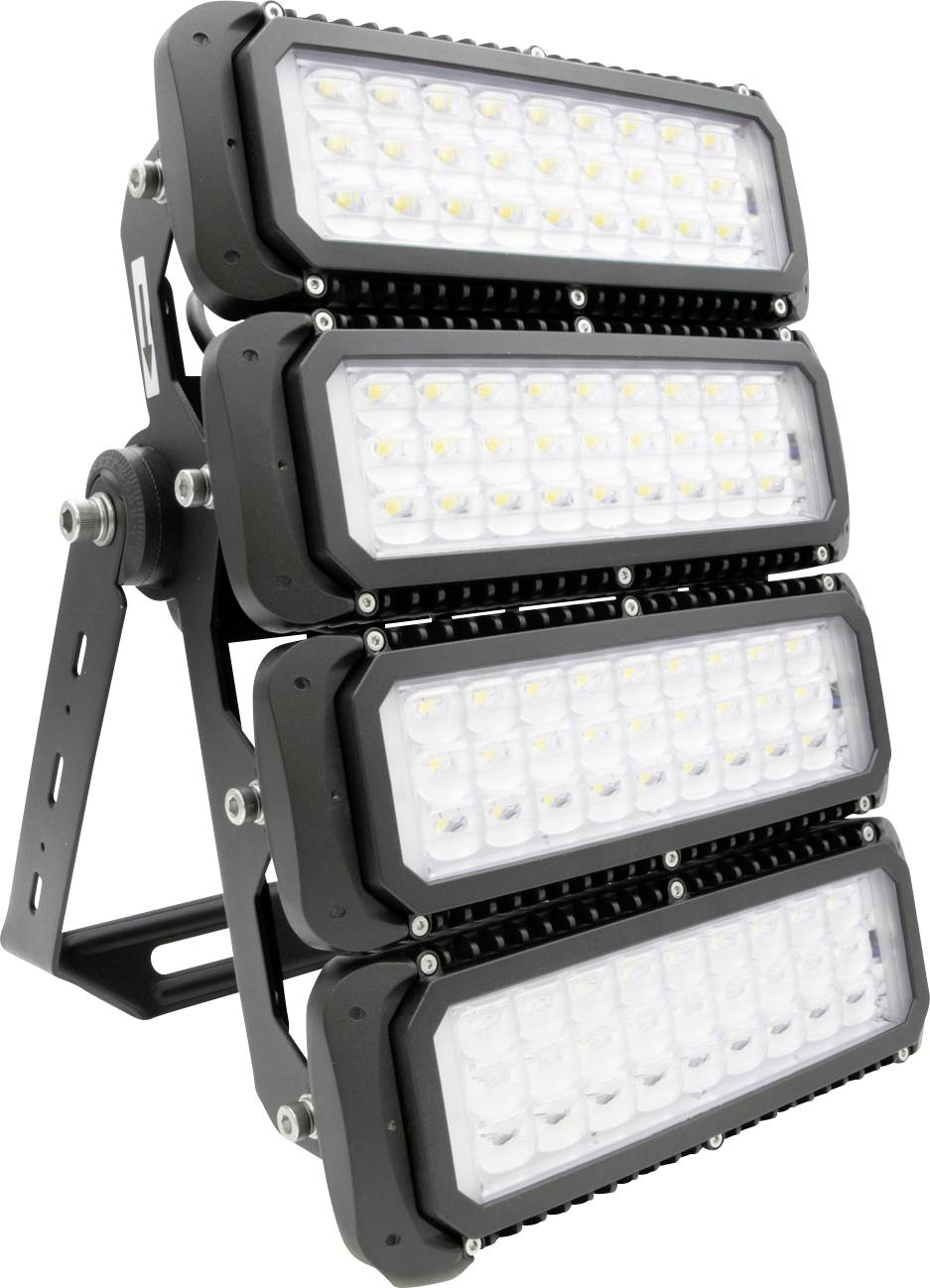 Ein LED-Strahler mit drei Reihen weißer LEDs, montiert auf einem robusten, schwarzen Metallrahmen zur Außenbeleuchtung.