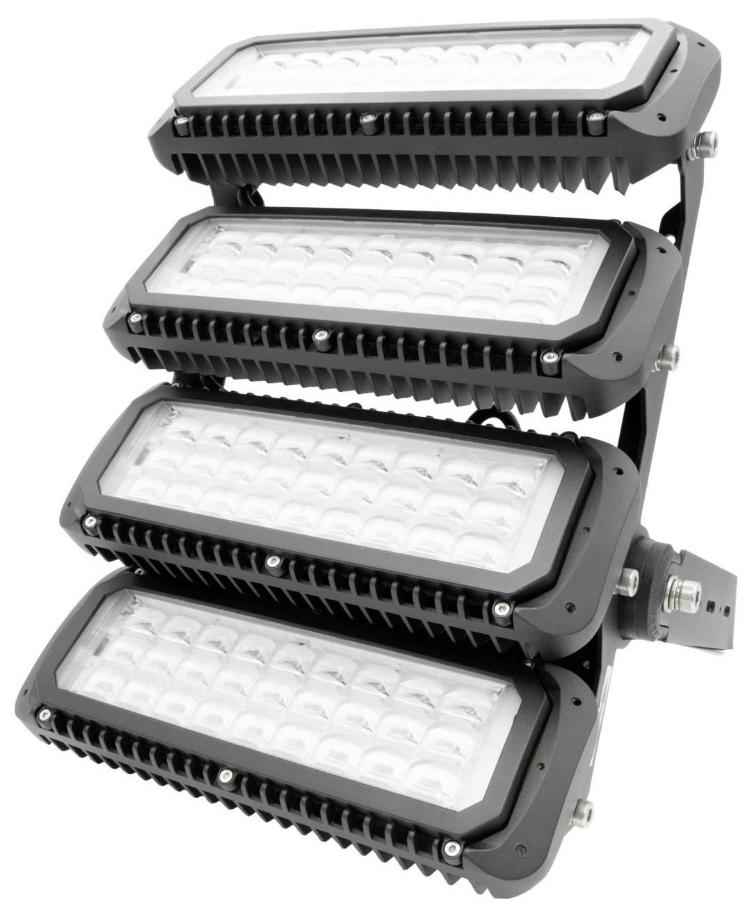 Ein vierfacher LED-Flutlichtstrahler, montiert auf einem Metallgestell, geeignet für Außenbeleuchtung.