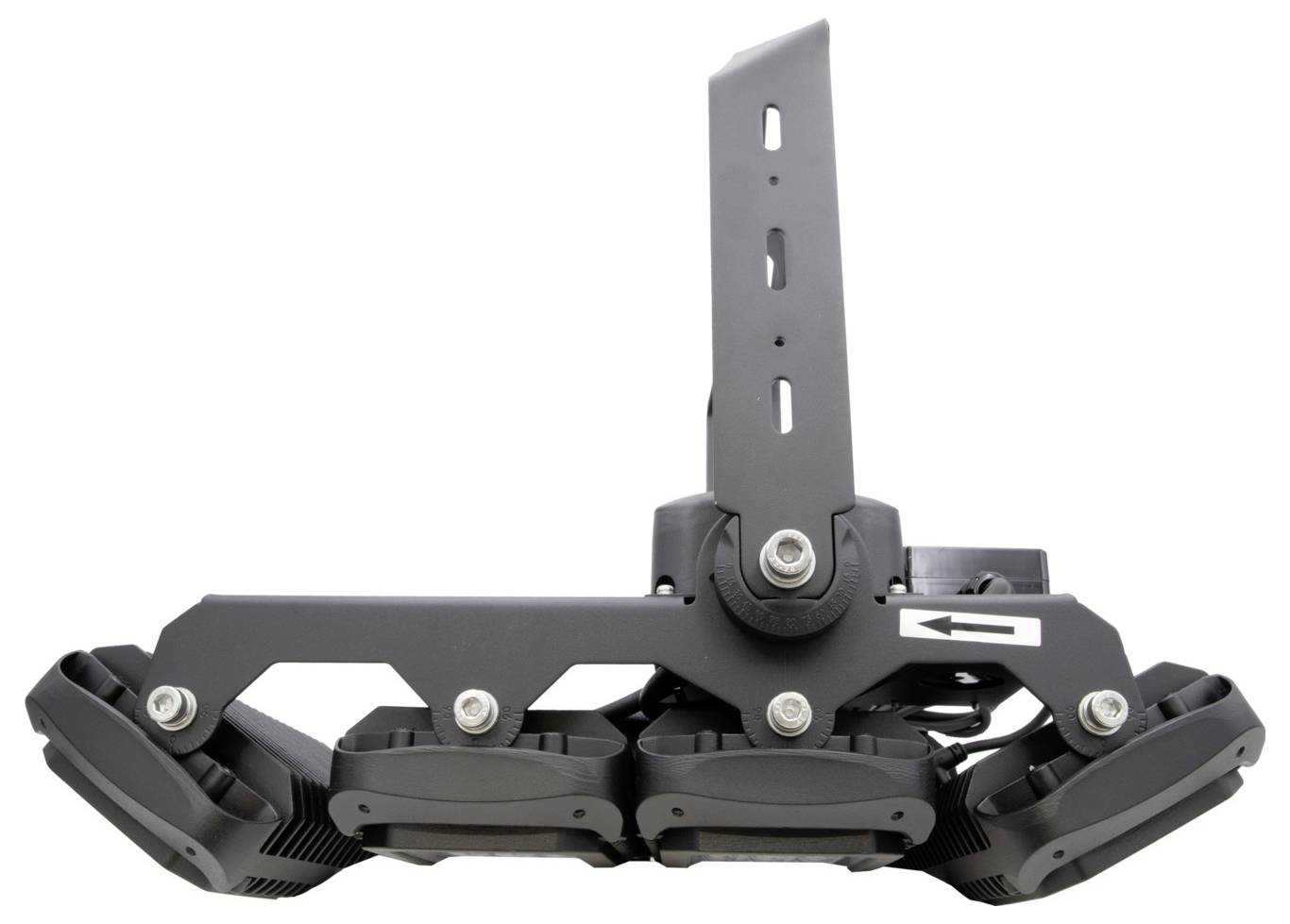 Ein roboterartiger Mechanismus mit mehreren Gelenken und einem Pfeil zur Richtungsanweisung.