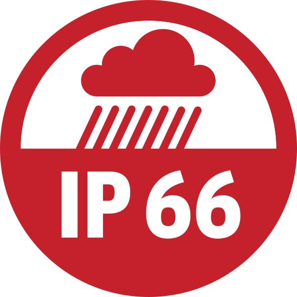 Ein rotes Symbol mit der Aufschrift 'IP 66' und einem stilisierten Regenwolken-Icon, das Wasserbeständigkeit anzeigt.