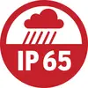 'IP 65' in einem roten Kreis mit einem Regenwolken-Symbol darüber, bedeutet Schutz gegen Staub und Wasserstrahlen.