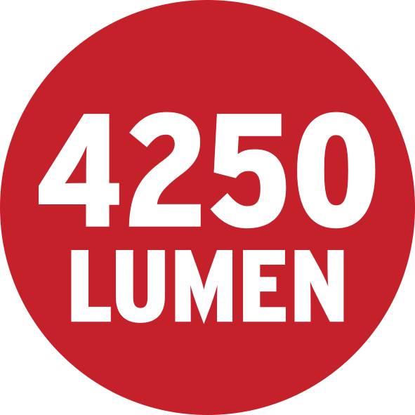 '4250 Lumen' in weißer Schrift auf rotem Kreis, symbolisiert eine helle Lichtleistung.