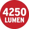 '4250 Lumen' in weißer Schrift auf rotem Kreis, symbolisiert eine helle Lichtleistung.