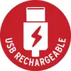 'USB Rechargeable'-Symbol in Rot. Symbol zeigt einen USB-Stecker mit Blitz, zeigt an, dass das Gerät wiederaufladbar ist.