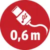 Rotes Symbol mit USB-Kabel und Stecker-Icon, darunter '0,6 m'.