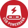 Ein roter Kreis mit einem weißen Symbol einer Powerbank mit Blitzsymbol. Darunter der Text 'USB POWERBANK'.