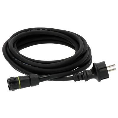 Ein schwarzes elektrisches Kabel mit einem dreipoligen Stecker und einer runden Buchse, aufgerollt und bereit zur Verwendung.