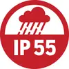 Rotes Symbol mit einem Wolke-Regen-Symbol und der Aufschrift 'IP 55', zeigt den Schutzgrad gegen Staub und Wasser für Geräte.