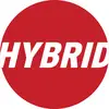 'Hybrid' in weißen Buchstaben auf rotem Kreis.