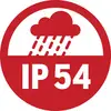 Rotes Symbol mit der Aufschrift 'IP 54', zeigt eine Regenwolke darüber. Bedeutung: Schutz gegen Staub und Spritzwasser.