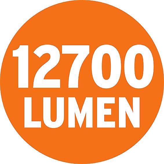 'Oranger Kreis mit weißem Text: 12700 Lumen'.