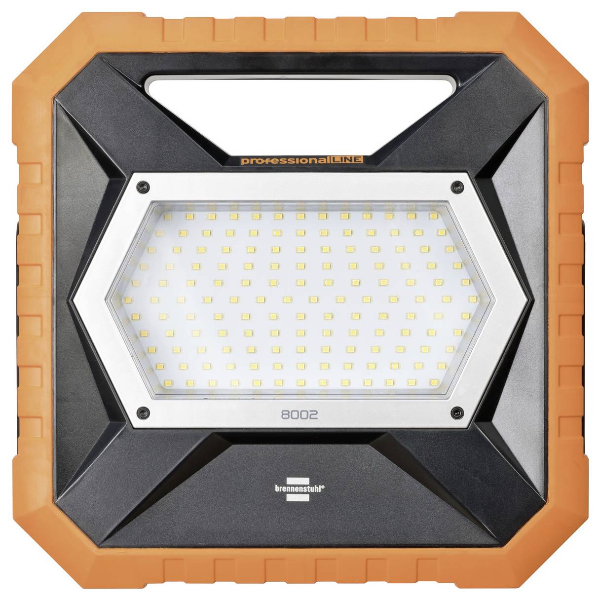 Tragbarer LED-Baustrahler in rechteckiger Form mit orange-schwarzem Gehäuse und integriertem Tragegriff, Marke 'brennenstuhl'.