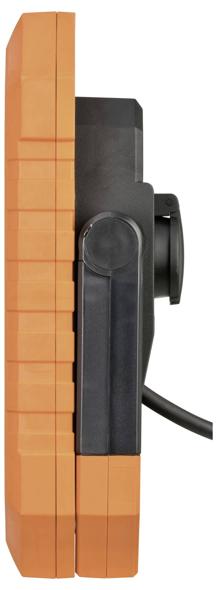 Seitenansicht eines orange-schwarzen elektronischen Geräts mit Kabel, zeigt schlankes Profil und robuste Bauweise.