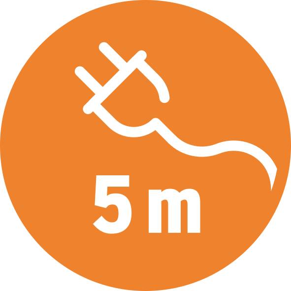 Ein oranges Symbol mit einem Stromstecker und der Aufschrift '5 m', zeigt die Länge eines Kabels an.