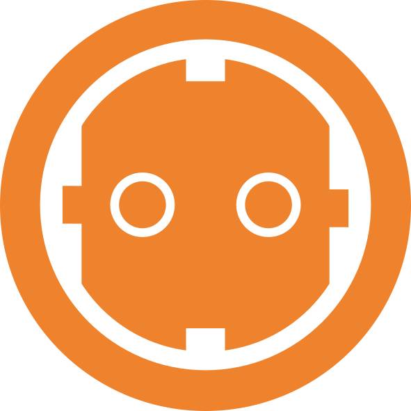 Ein orangefarbenes Symbol zeigt eine kreisförmige Stromsteckdose mit zwei Löchern und zwei Kerben.