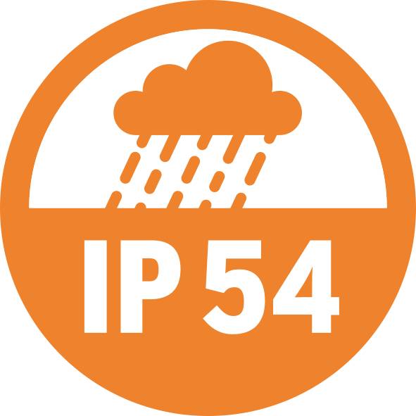 'Oranges Symbol mit einer Wolke und Regen über der Aufschrift IP54, zeigt Schutz gegen Staub und Spritzwasser an.'