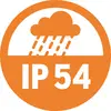 'Oranges Symbol mit einer Wolke und Regen über der Aufschrift IP54, zeigt Schutz gegen Staub und Spritzwasser an.'