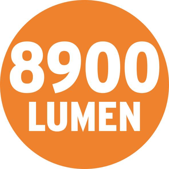 Heller orange Kreis mit weißem Text zeigt '8900 Lumen', was die Lichthelligkeit darstellt.