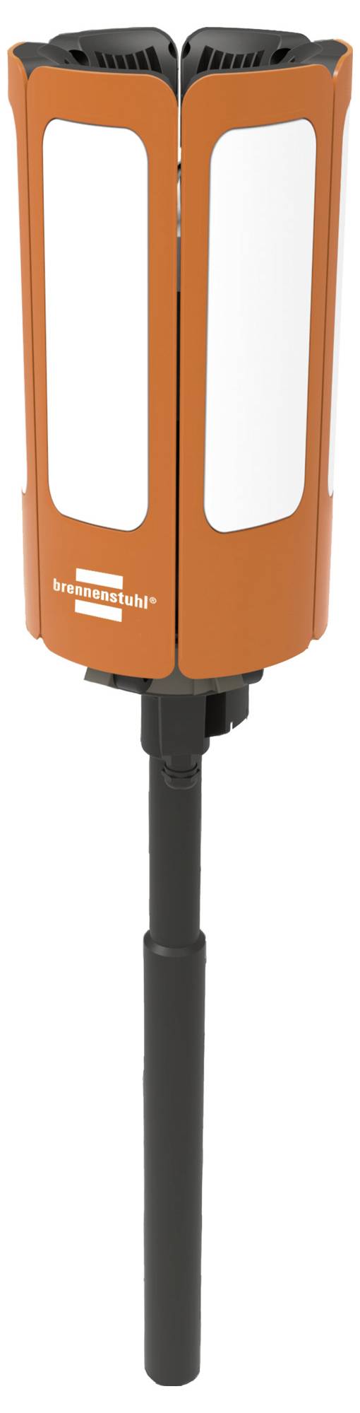 Vertikales, orangefarbenes Gerät mit weißen Flächen, auf einem schwarzen Ständer montiert. Nutzt wahrscheinlich zur Ortung oder Messung.