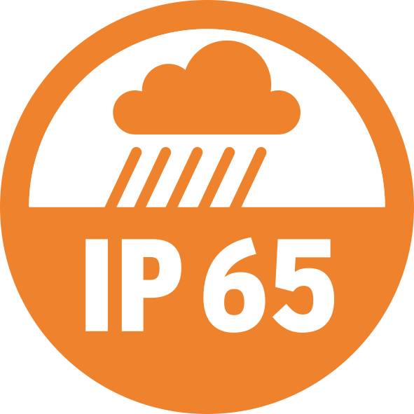 'IP 65' Symbol in einem orangefarbenen Kreis, dargestellt durch eine Wolke und Regen. Bedeutet Schutz gegen Staub und Strahlwasser.