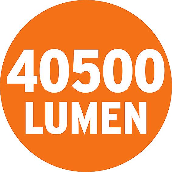 '40500 Lumen' in weißer Schrift auf orangefarbenem Kreis. Indikator für Lichtmenge, oft verwendet bei Leuchtmitteln.