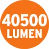 '40500 Lumen' in weißer Schrift auf orangefarbenem Kreis. Indikator für Lichtmenge, oft verwendet bei Leuchtmitteln.