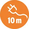 Ein weißer Netzstecker auf einem orangefarbenen Hintergrund mit der Angabe '10 m', was eine Kabellänge von zehn Metern darstellt.