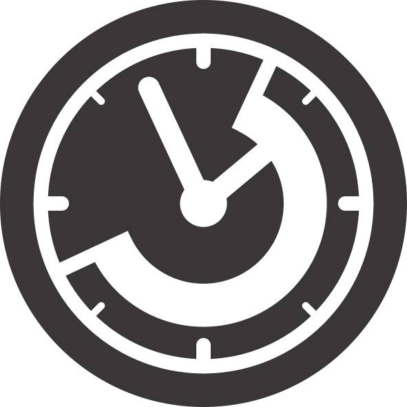 Eine stilisierte Uhr zeigt 10:10 Uhr. Design mit überlappenden Schwarz-Weiß-Bereichen, die eine künstlerische Darstellung schaffen.