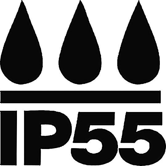 'Drei Tropfen über der Aufschrift IP55' – Symbol für Schutzart IP55, zeigt Widerstand gegen Staub und Strahlwasser an.