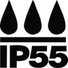 'Drei Tropfen über der Aufschrift IP55' – Symbol für Schutzart IP55, zeigt Widerstand gegen Staub und Strahlwasser an.