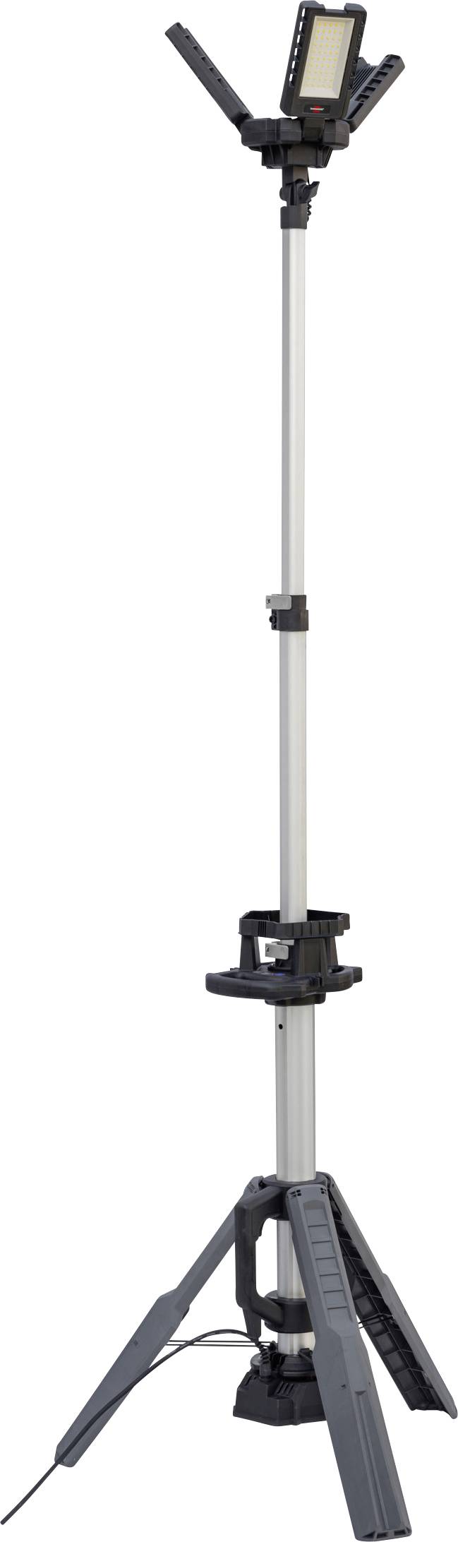 Ein Teleskopstativ mit rechteckiger LED-Lampe oben, verstellbare Höhe und klappbare Beine für flexible Beleuchtung.