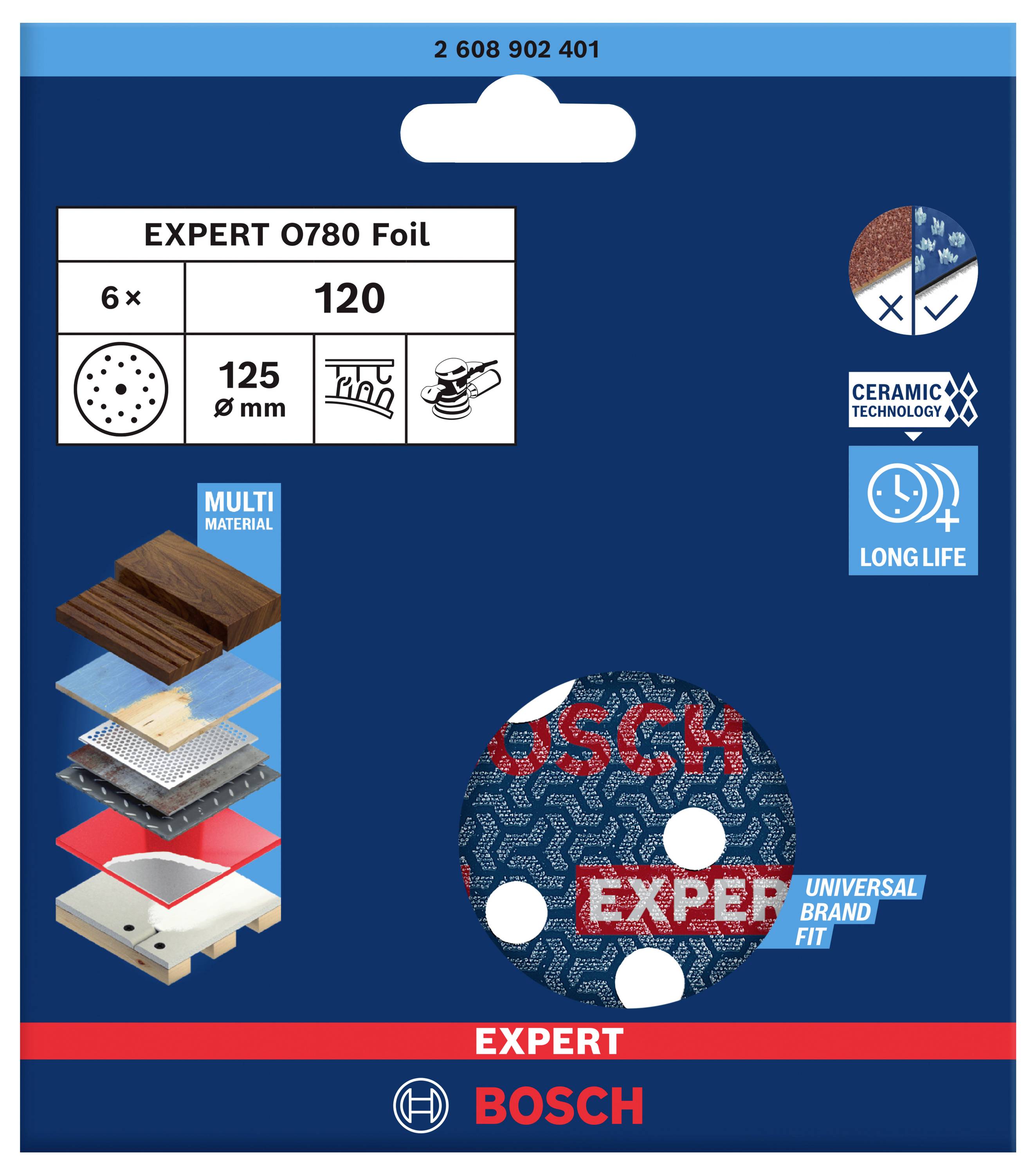 Verpackung für Bosch Expert Schleifpapier, 6 Stück, 125 mm, Körnung 120, mit Ceramic Technology für lange Lebensdauer, Multi-Material-Anwendung.