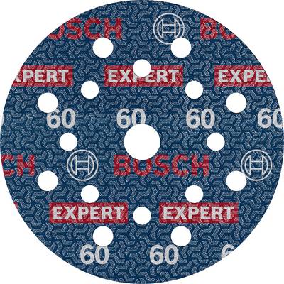 Ein Schleifteller von Bosch mit 15 Löchern und der Körnung 60, geeignet für präzises Schleifen. Markenlogos und der Schriftzug 'EXPERT' sind sichtbar.