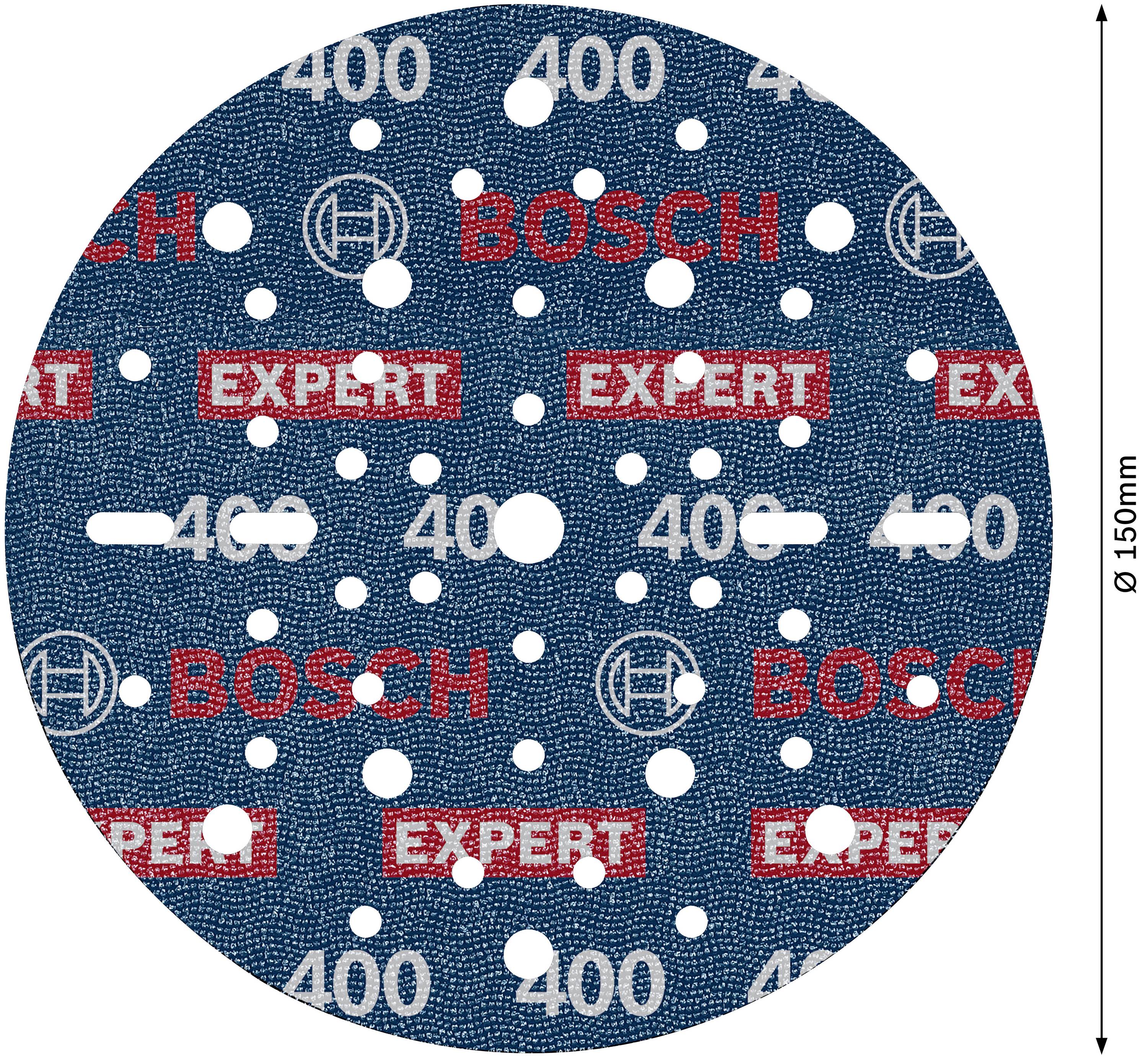 'Bosch Schleifscheibe Ø 150 mm, Korn 400, geeignet für Expert Schleifmaschinen, mehrfach perforiert für effektives Schleifen.'