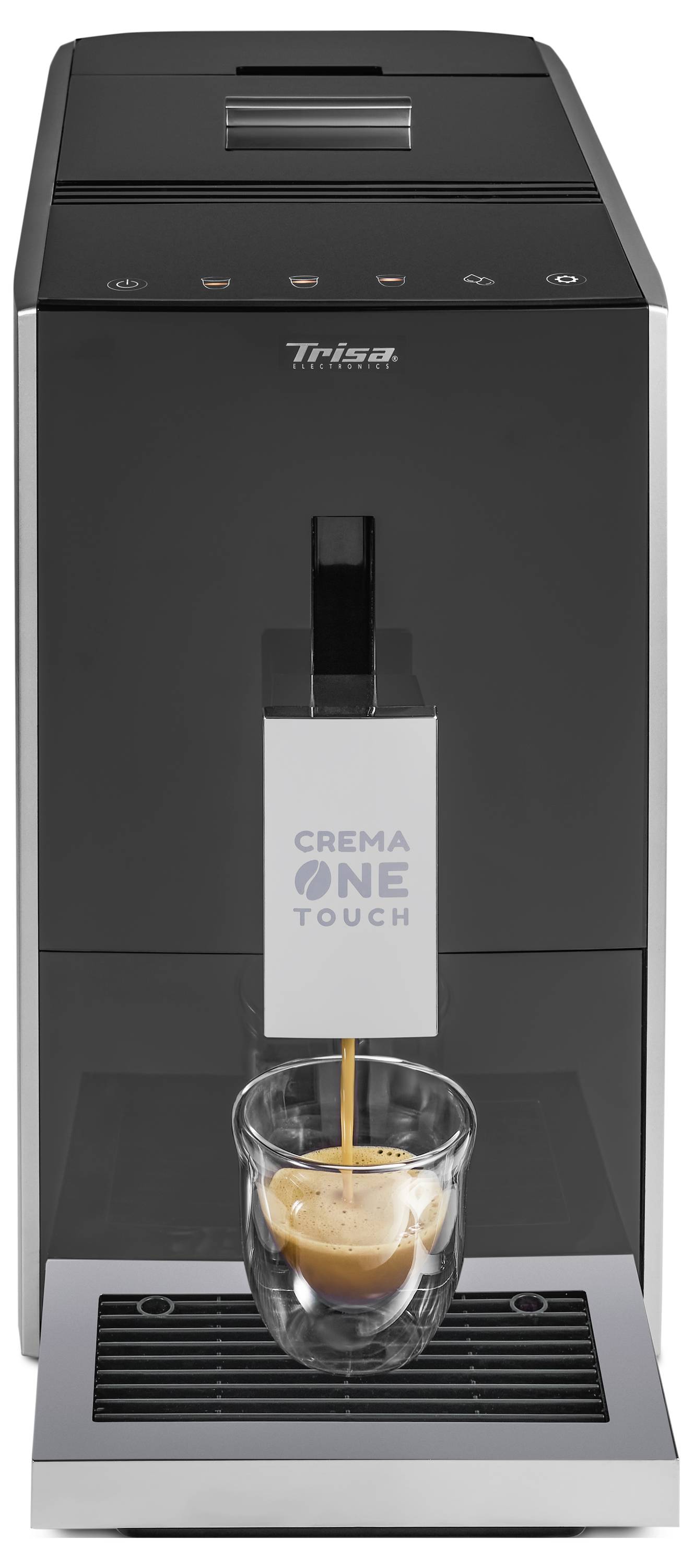 Kaffeevollautomat mit Schriftzug 'Crema One Touch', Kaffeespezialität wird in Glas zubereitet.