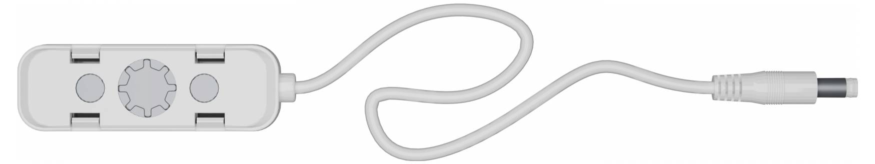 Eine hellgraue Fernbedienung mit einem Drehschalter und zwei Tasten, verbunden mit einem dünnen Kabel und einem Steckverbinder.