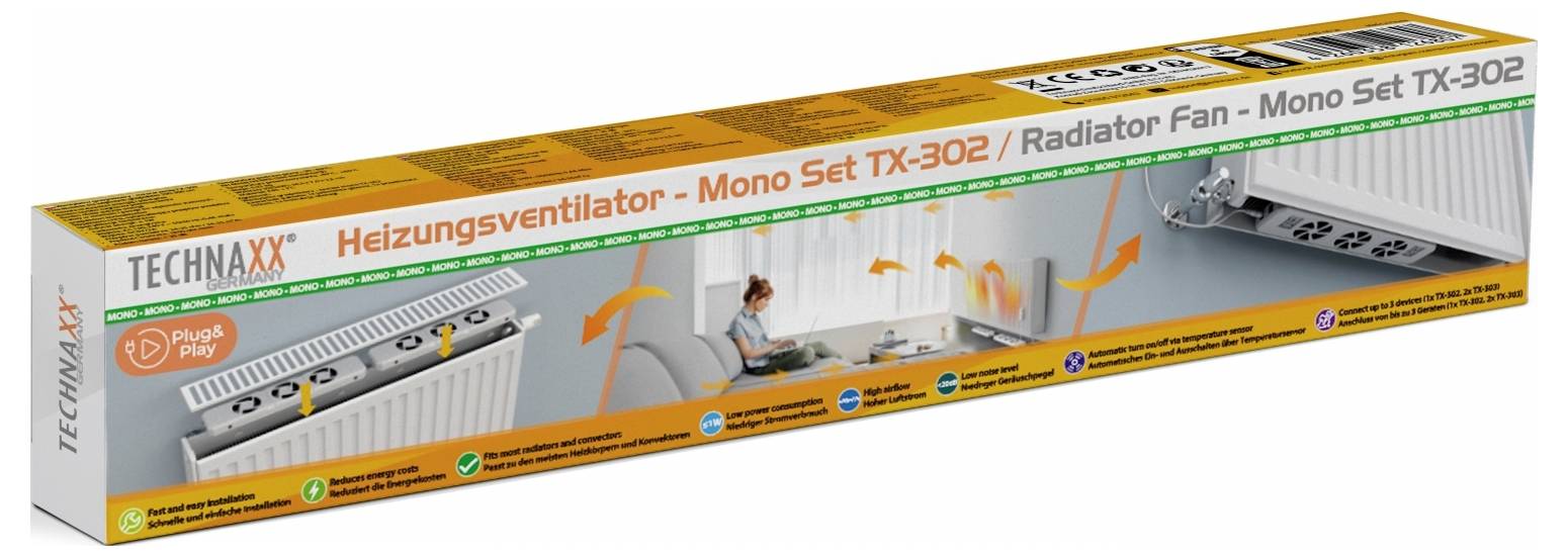 Verpackung eines Heizungsventilators mit der Aufschrift 'Heizungsventilator - Mono Set TX-302'. Bild zeigt Anwendung des Produkts am Heizkörper.