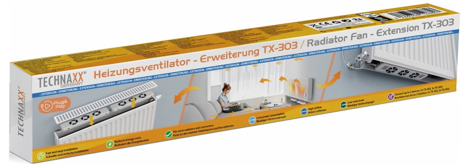 Verpackung eines Heizungsventilator-Erweiterungssatzes, Modell 'TX-303'. Zeigt Anwendung am Heizkörper, steigert Effizienz.