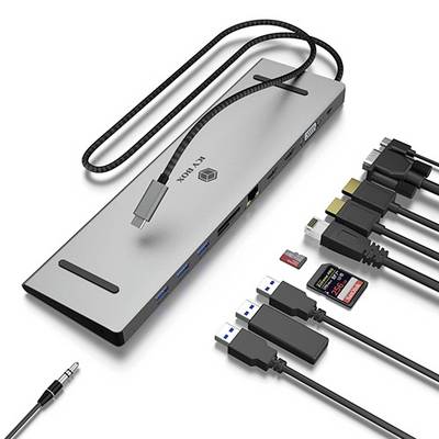 Mehrfach-Adapter mit USB-C-Anschluss; bietet HDMI, USB, SD-Kartenleser und Audiobuchse-Anschlüsse. Ideal für Laptops.