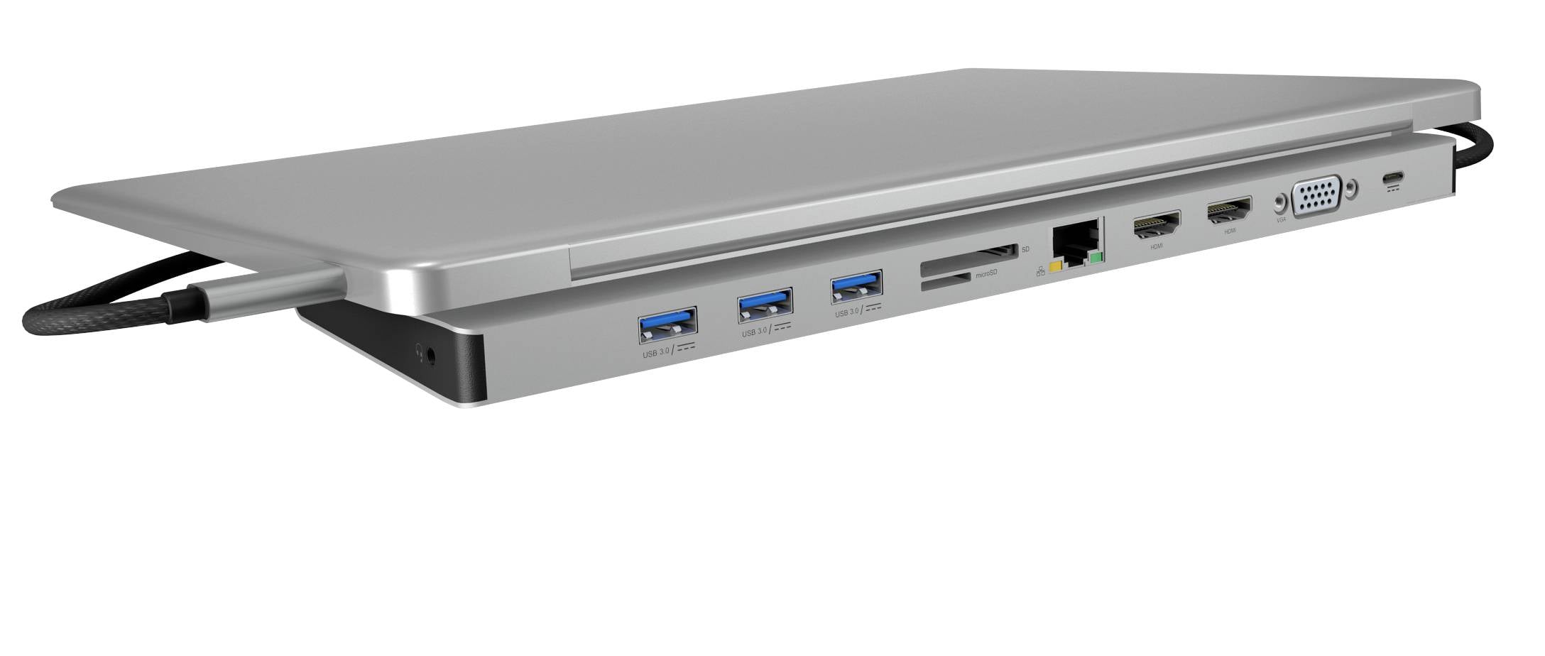 Silberne Laptop-Dockingstation mit USB-Anschlüssen, Ethernet, HDMI und Kartenleseranschnitten. Geradliniges, schlankes Design.