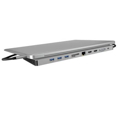 Silberne Laptop-Dockingstation mit USB-Anschlüssen, Ethernet, HDMI und Kartenleseranschnitten. Geradliniges, schlankes Design.