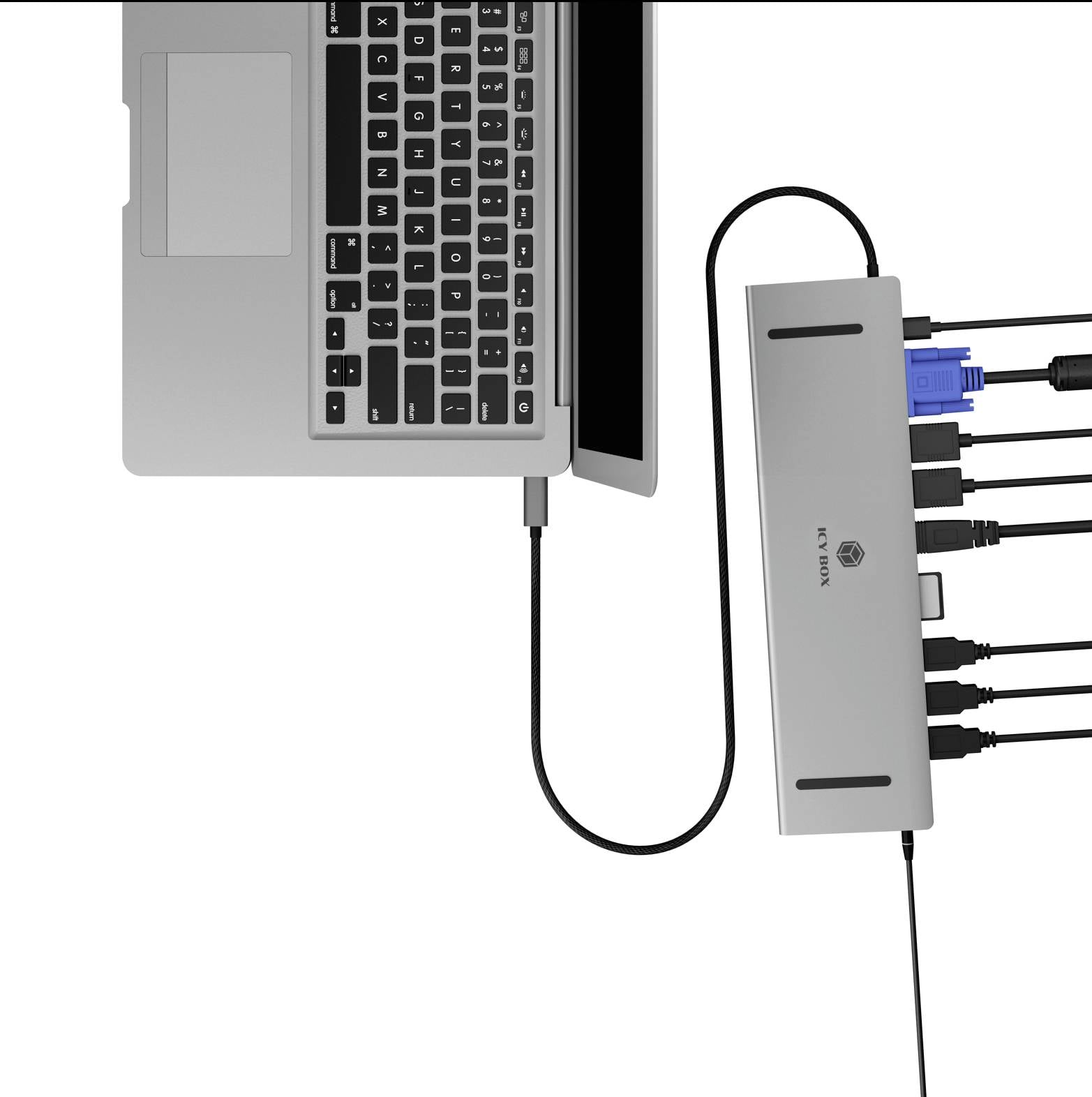'Notebook' mit externer Dockingstation verbunden; mehrere Kabel für Strom, VGA und USB angeschlossen.