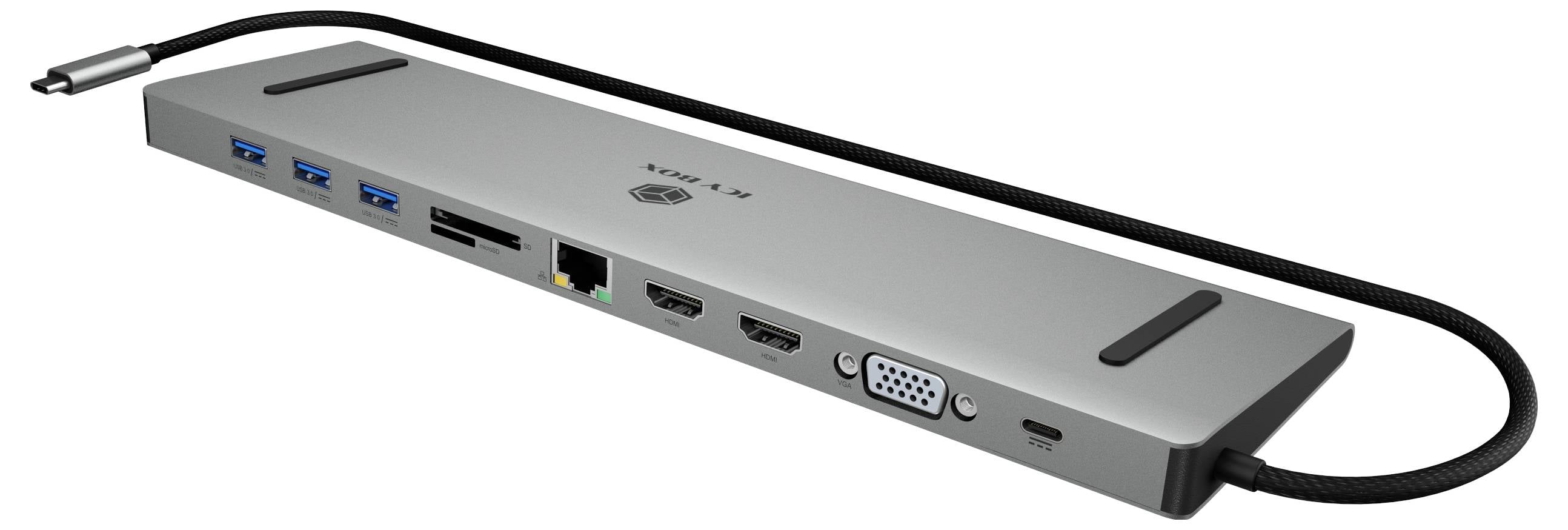 USB-C-Dockingstation mit mehreren Anschlüssen: drei USB 3.0, Ethernet, HDMI, VGA und zusätzlicher USB-C-Anschluss für erweiterten Gerätesupport.