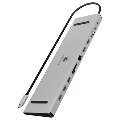 Ein silberner USB-C-Hub mit mehreren Anschlüssen, darunter USB, HDMI und Ethernet. Geeignet für erweiterten Computeranschluss.