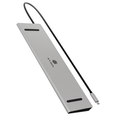 Flacher, silberner USB-C-Hub mit mehreren Anschlüssen und einem Kabel.