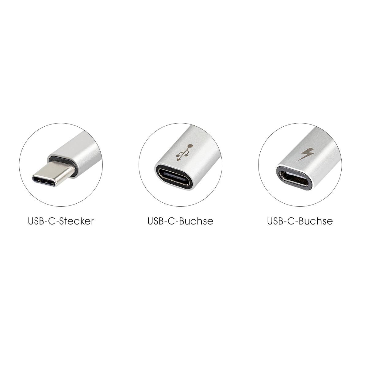 Drei USB-C-Anschlüsse: links ein Stecker, in der Mitte eine Buchse mit USB-Symbol, rechts eine Buchse mit Blitzsymbol.