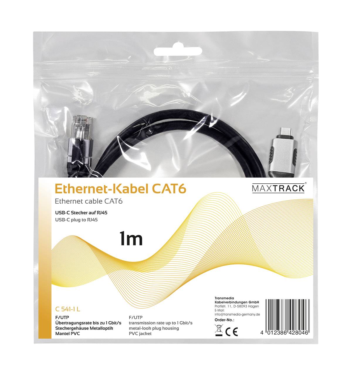 Ein 1m langes Ethernet-Kabel CAT6 von MAXTRACK mit USB-C- und RJ45-Stecker, abgebildet in einer transparenten Verpackung.