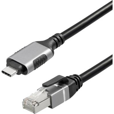 'USB-C-zu-Ethernet-Kabel' mit einem USB-C-Stecker auf der einen Seite und einem RJ45-Ethernet-Stecker auf der anderen Seite, schwarz-graues Design.