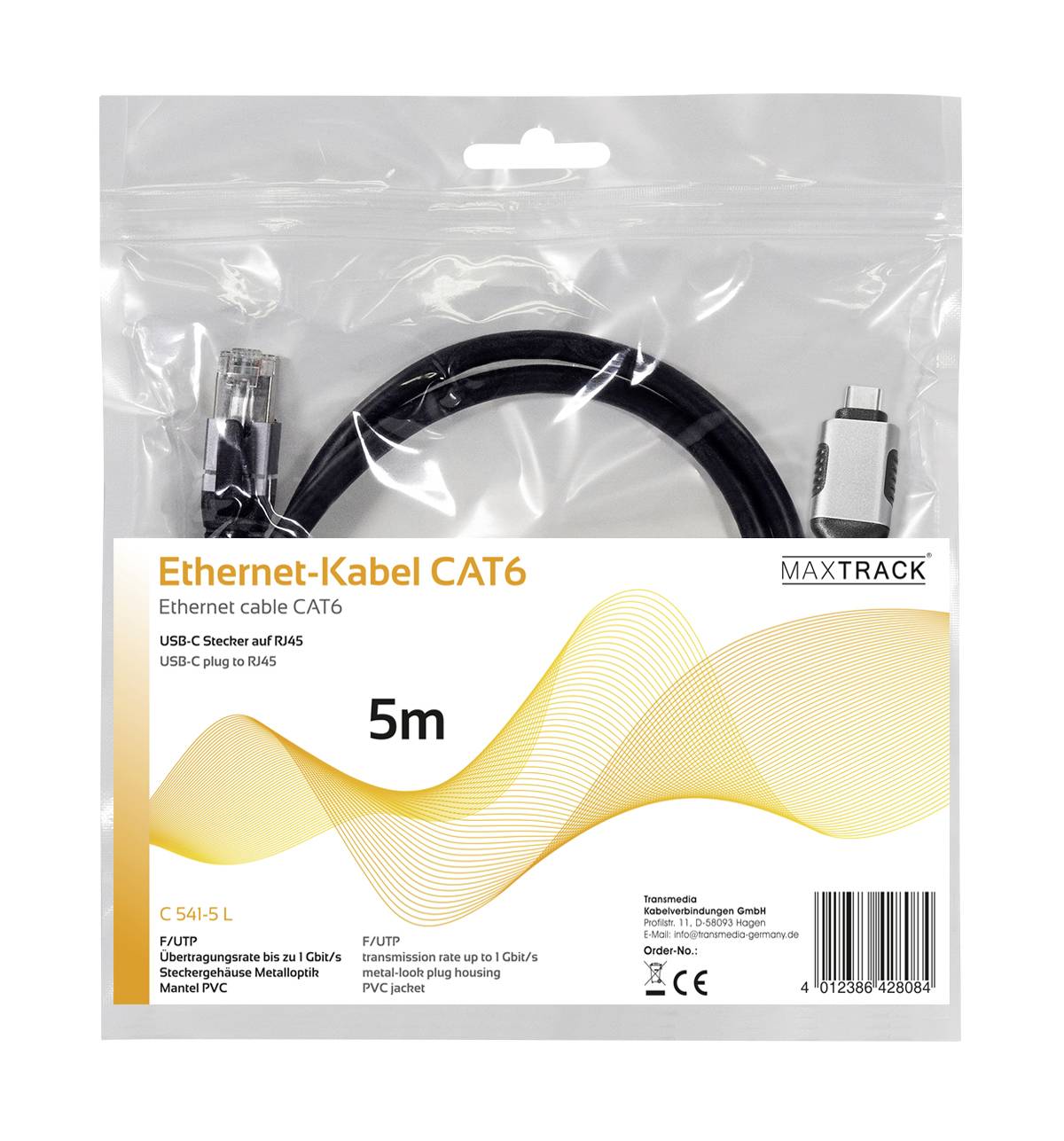 '5 m Ethernet-Kabel CAT6, USB-C Stecker auf RJ45, schwarz, geeignet für Switches, Router, Modems und Netzwerke.'